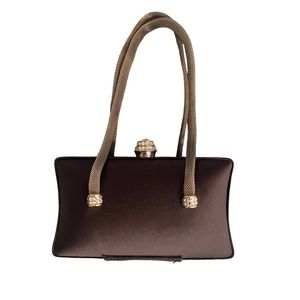 Mini Black Satin Handbag with Silver braided handles and crystals.  EUC